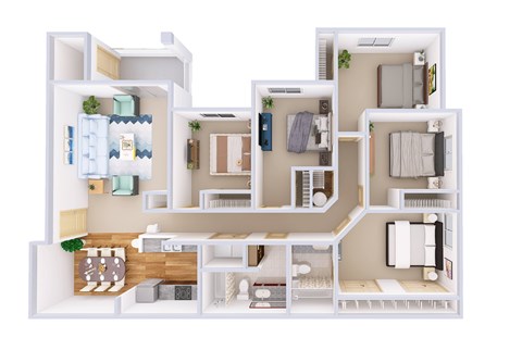 Floor plan for 5 beds, 2 baths, 1628 sqft